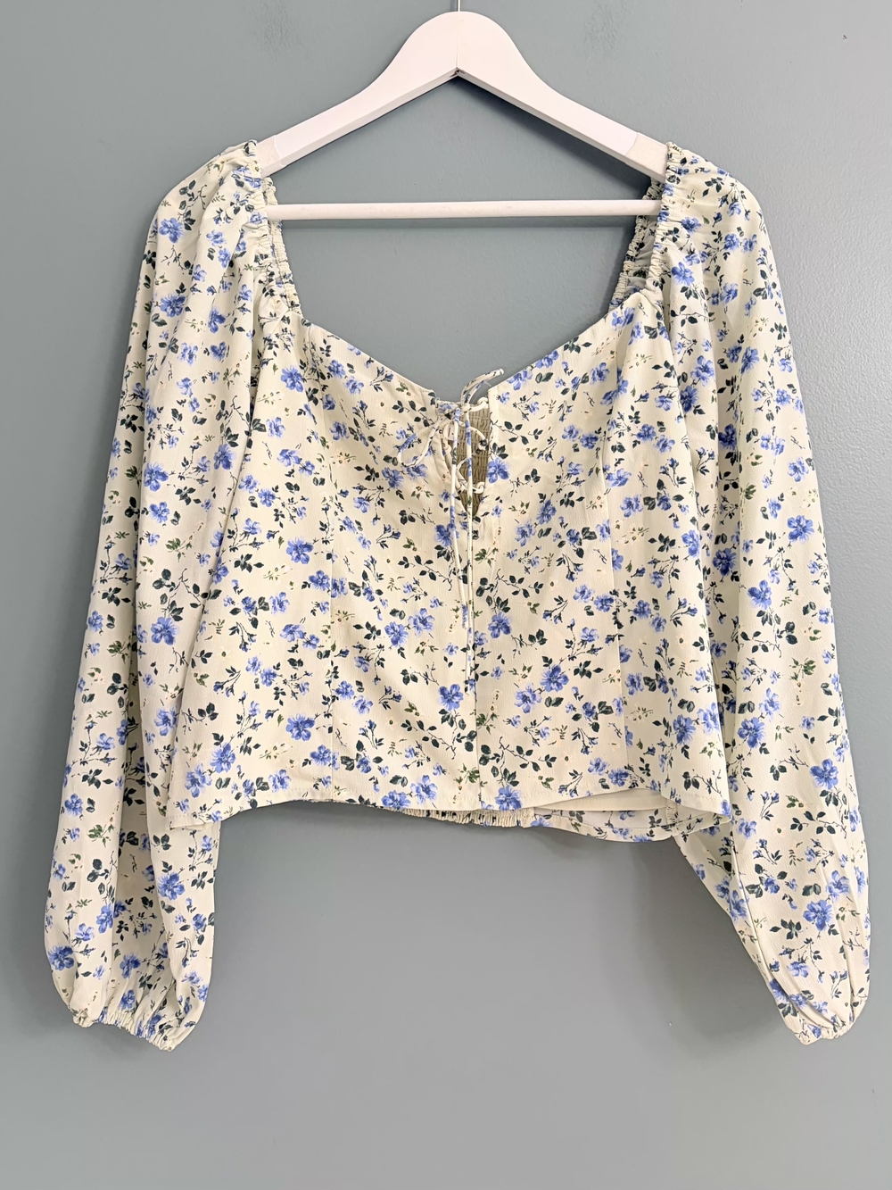 Abercrombie Pale Green Floral Milkmaid Crop Blouse Lace Up Large